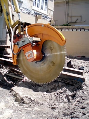 An echidna diamond rocksaw taking a rest from excavating a basement under the house in a Sydney suburb.